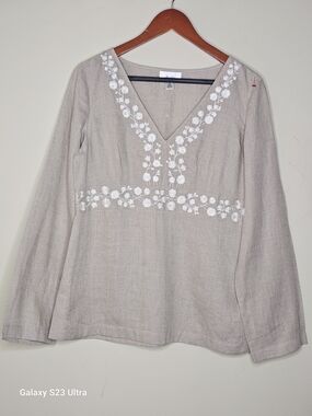Ann Taylor LOFT 100 % Linen Beige V-Neck Embroidered Tunic Blouse